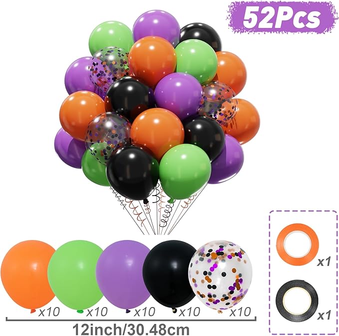 Patimate Halloween Decorations Balloons Set, 50 pcs 12 inch Purple Green Orange Black Confetti Latex Balloons Kit for Halloween Baby Shower Birthday Bachelorette Trick or Treat Party Supplies