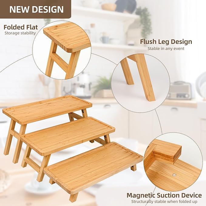 GEHE Natural Bamboo Cupcake Stand, Foldable 3 Tier Cupcake Display Stand Tower, Dessert Table Serving Tray for Birthday/Wedding/Christmas/Party, Charcuterie Boards