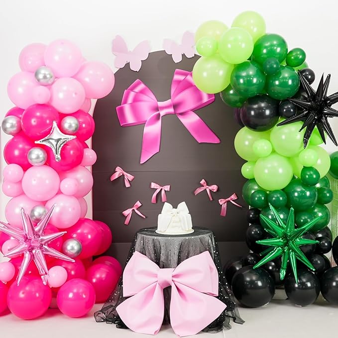 Pink Green Black Balloon Arch Kit with Star Foil Balloons, 155 PCS Witch Theme Party Balloon Garland for Girls Princess Witch Theme Birthday Party Backdrop Decorations Supplies