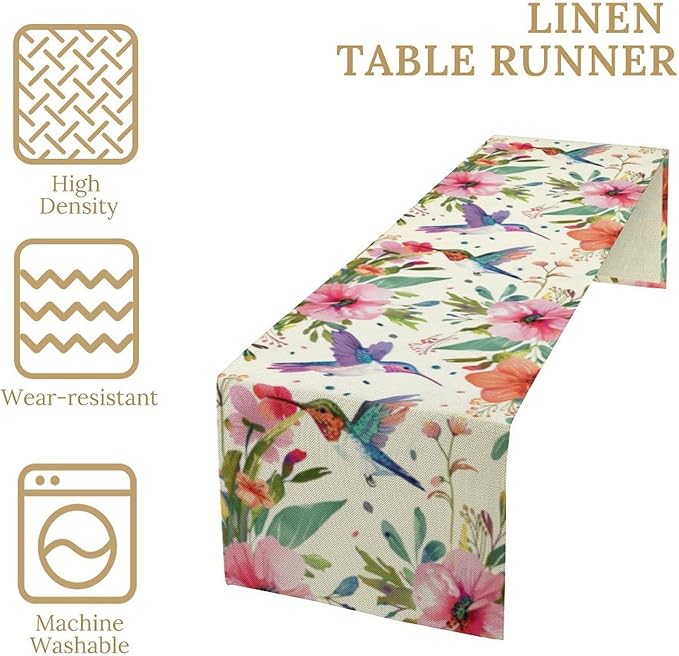 Flowers Birds Spring Table Runner, Colorful Birds Branches Blue Floral Seasonal Kitchen Dining Table Decoration for Home Party Decor 13x90 in