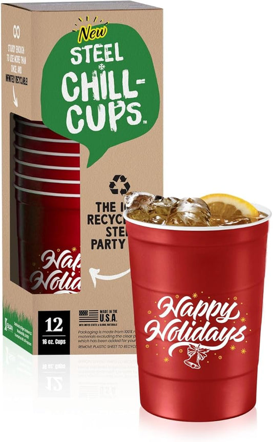 16 oz. Party Cups 'Happy Holidays' Christmas Tree Design for Cold Drinks, Durable, Disposable, Recyclable, Made in USA, Red, 12 Count