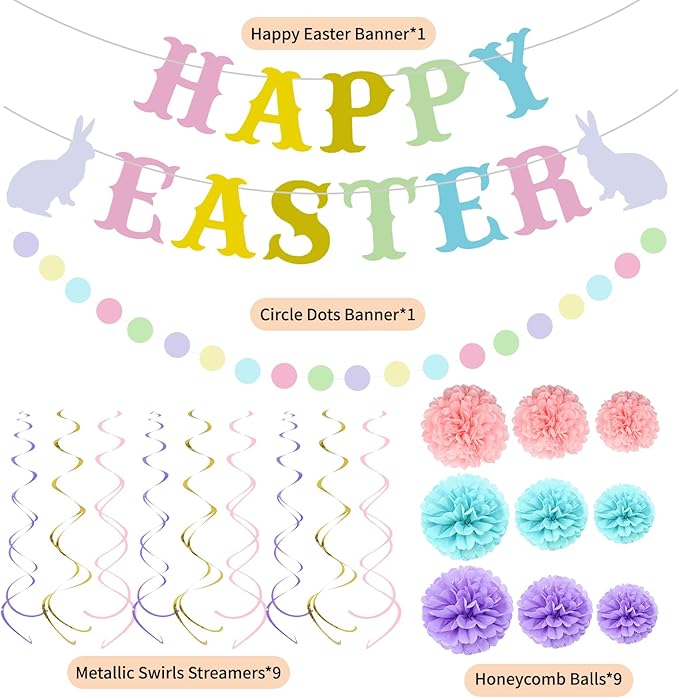NISOCY Happy Easter Banner, Easter Decoration Happy Easter Sign Banner with Swirls Streamers and Honeycomb Balls for Indoor & Outdoor, Spring Easter Party Decorations