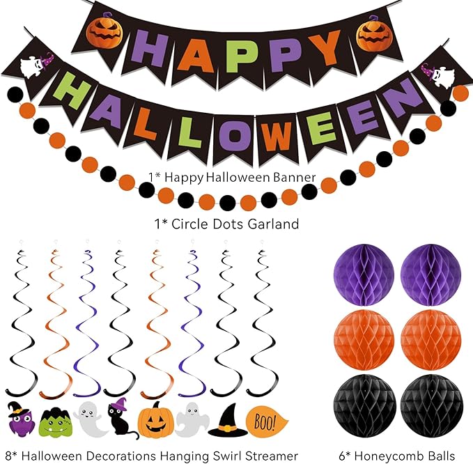 meowtastic Happy Halloween Banner Decorations - Halloween Banner with Honeycomb Ball, Hanging Swirl Streamer, Circle Dot Garland Decorations for theme Party Decorations