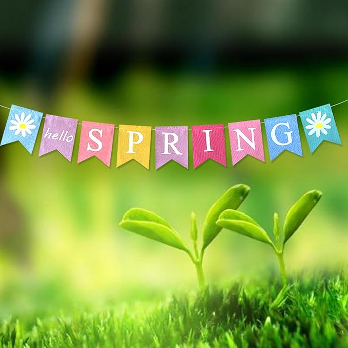 Hello Spring Banner,Pre-assembled Burlap Happy Easter Decorations Welcome Spring Mantle Felt Garland Colorful Party Supplies for Classroom Office Decor