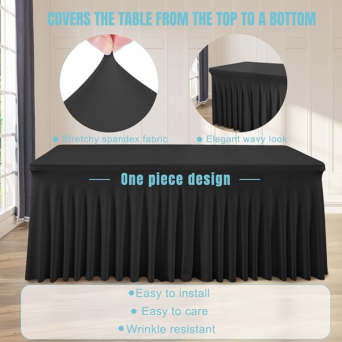 1 Pack Black Table Clothes for 4 Foot Rectangle Tables, One-Piece Wrinkle Resistant Stretch Spandex Table Covers with Skirt for Event Banquet Wedding Birthday Party