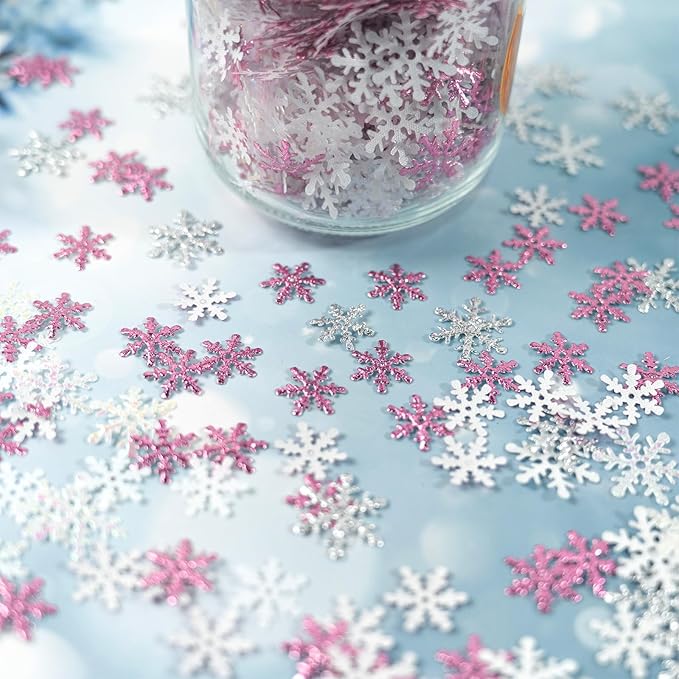 Christmas Snowflake Confetti Decorations,1200Pcs Pink White Silver Confetti Snow Party Pack for Christmas Winter Wonderland Table Centerpieces Wedding Birthday Baby Shower DIY Projects Decorations