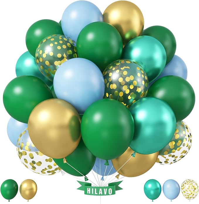 Green Balloons Set 12 Inch Dark Green Gold Balloons 35 Pcs Metallic Green Macaron Blue Balloons Set Jungle Safari Dinosaur Theme Balloon for Boys Men Wedding Baby Shower Birthday Party Decorations