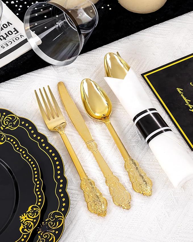 Ciaell 350 PCS Black Plastic Plates - Black and Gold Plates - Black Disposable Plates Include 50 Disposable Plate, 150 Heavy Duty Silverware, 50 Cups, 50 Napkins for Wedding & Party & New Year