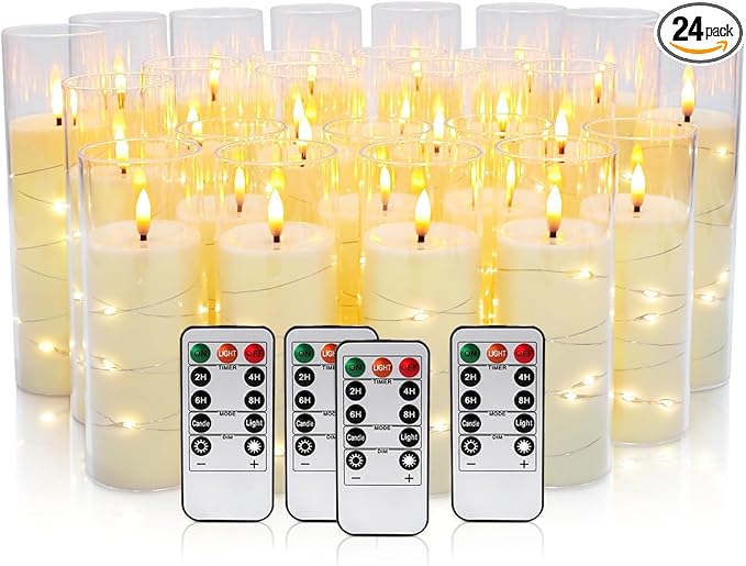 24 Pack Christmas Decoration Flickering Flameless Candles,Battery Operated Candles,LED String Lights LED Candles for New Year, Home Decor, Parties,Wedding(D2.2 xH 5" 6" 7") (Ivory)
