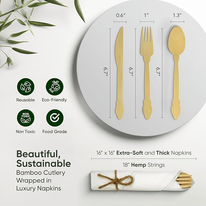 Luxury Pre-Rolled Napkin and Bamboo Cutlery Set (50 Pack, 200 PCS) 100% Biodegradable, Eco-Friendly, Disposable Wrapped Cutlery - Includes Pre-Wrapped Bamboo Forks, Knives, Spoons, & Napkins