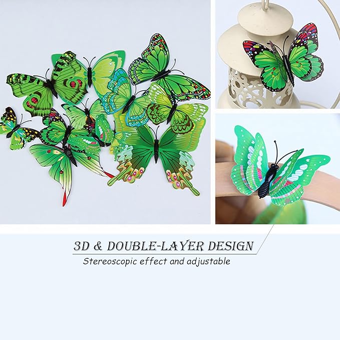 Butterfly Wall Decor 24/48 PCS, 3D Butterflies Stickers for Party Decorations with Magnets (Green, 24)