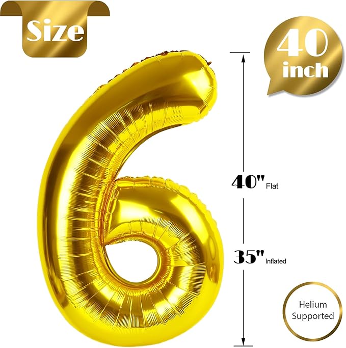Gold Number 6 Balloon 40 Inch, 6th Birthday Party Decorations for Children, Giant 6 Foil Balloon for Party Supplies