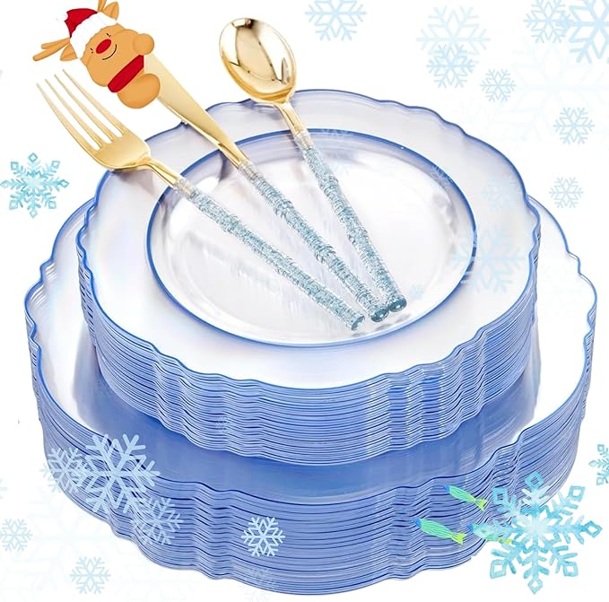 Liacere 150PCS Clear and Blue Plastic Plates-Clear and Blue Disposable Plates with Glitter Bamboo Handle Cutlery-60 Baroque Elegant Plates, 30 Forks, 30 Spoons, 30 Knives for Wedding＆Back to School