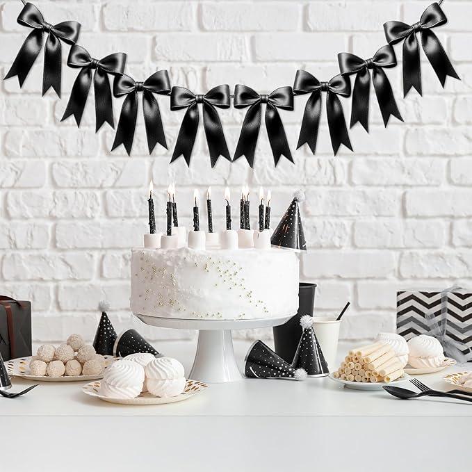 1 String of 8PCS Black Bow Garland Banner Decoration,Pre-Strung Satin Ribbon Ornaments for Birthday,Bachelorette Party,Bridal Shower,Wedding,Engagement,Baby Shower,Graduation Decor,Anniversary