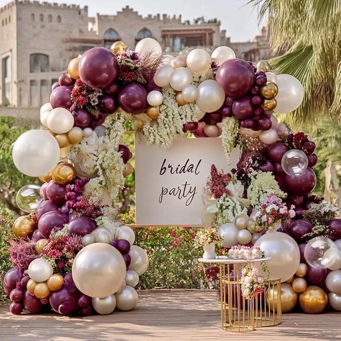 Dark Purple White Balloon Arch Kit, Double Stuffed Plum Burgundy Pearl White Sand Gold Balloon Garland with Clear Bobo Latex for Birthday Baby Shower Bridal Wedding Fall Christmas Party Decoration
