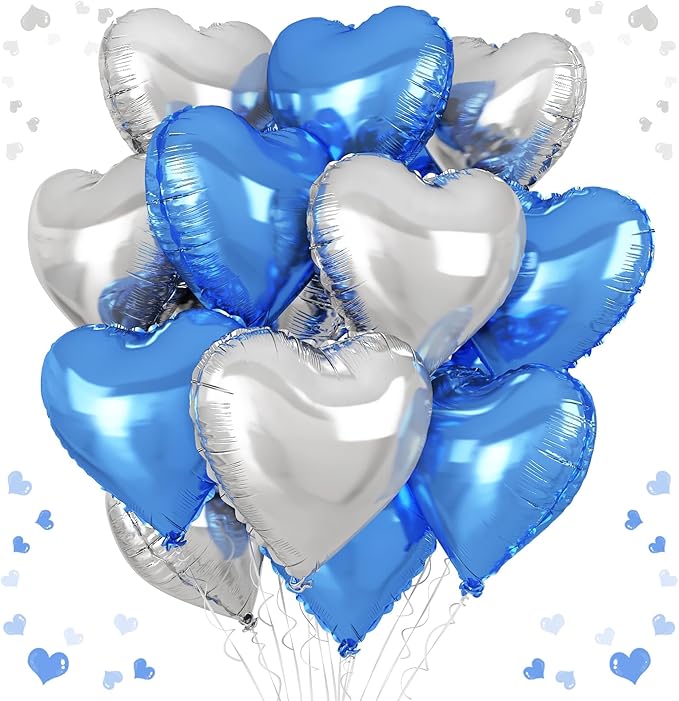 Blue Silver Heart Balloons, 18 Inch Royal Blue and Silver Heart Shape Balloons, 12PCS Helium Love Foil Balloon for Birthday Baby Shower Engagement Wedding Party Decorations