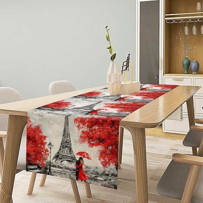 Paris Eiffel Tower Table Runner, Watercolor Eiffel Tower Dinner Runner for Farmhouse Kitchen Dining Table Holiday Party Decoration 13 x 36 in