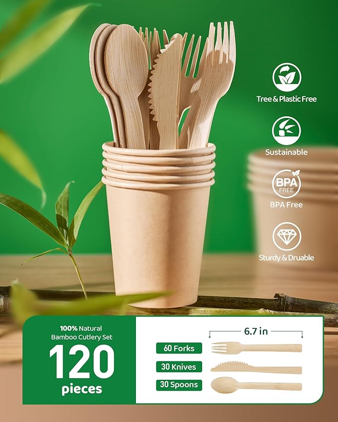 Devot 100% Natural Bamboo Disposable Cutlery Set - 120 Mix (60 Forks, 60 Spoons) 6.7", Eco Friendly Utensils, Biodegradable, Compostable, Splinter Free and Perfect For Weddings, Camping, Party