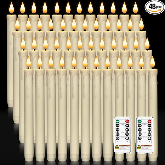 Homemory 48 Pcs Plastic Flameless Taper Candles with Remote Timer Dimmer, Taper Candles Battery Operated with Flickering Light, Ivory Led Candlesticks for Wedding Party Holiday Decoration 9.6 Inches