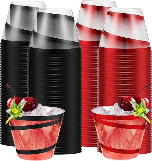 Gejoy 9 oz Rimmed Swirl Plastic Cups Disposable Wine Drinking Cups Clear Elegant Halloween Tumblers for Christmas Party Supplies(Red,Black,200 Pcs)