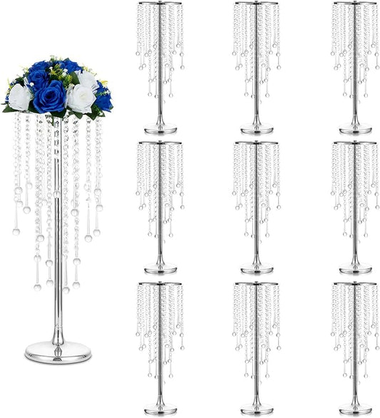 Sziqiqi Flower Centerpieces for Wedding Tables Metal - Tall Vases with Chandelier Crystal Beads for Head Table Silver Flower Stand for Wedding Reception Party Events Road Lead
