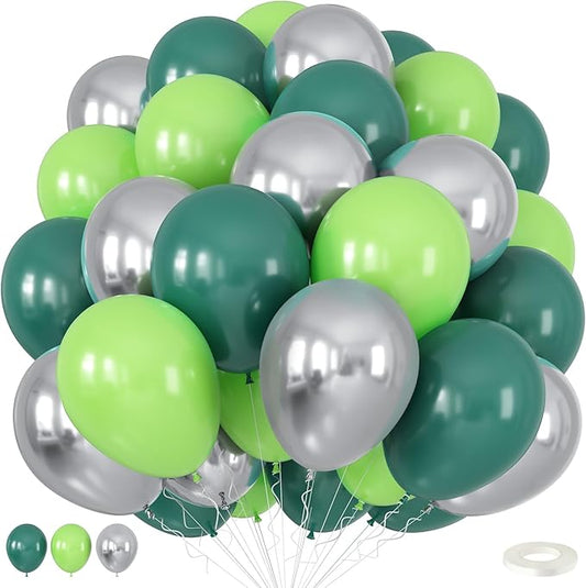 Green Balloons, 12 Inch Dark Emerald Lime Green Metallic Silver Latex Balloons for Boys Men Birthday Video Game Forest Jungle Dinosaur Themed Party St. Patrick's Day Graduation Decoration Supplies