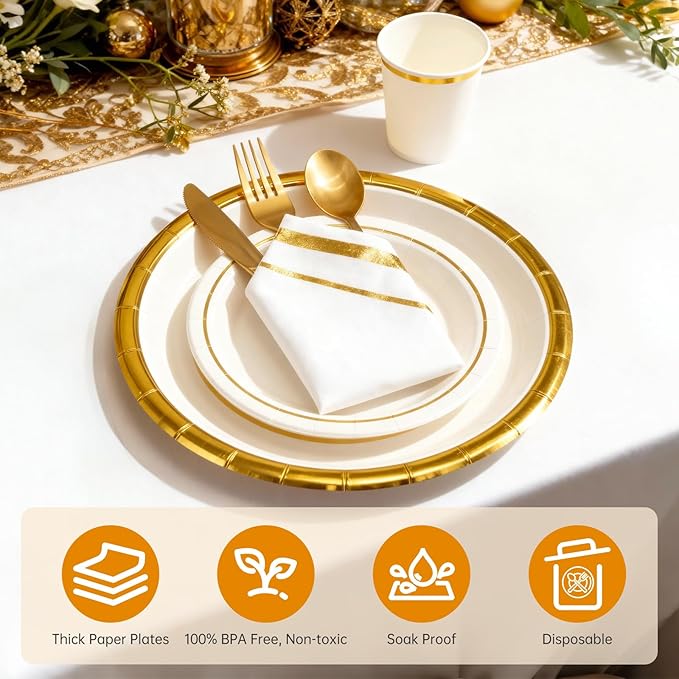 AIRE 350PCS White Gold Paper Plates Party Supplies Dinnerware Sets for 50 Guests, Disposable Paper Party Plates Napkins, Gold Plastic Forks Knives Spoons Cups for Wedding Birthday BBQ Parties