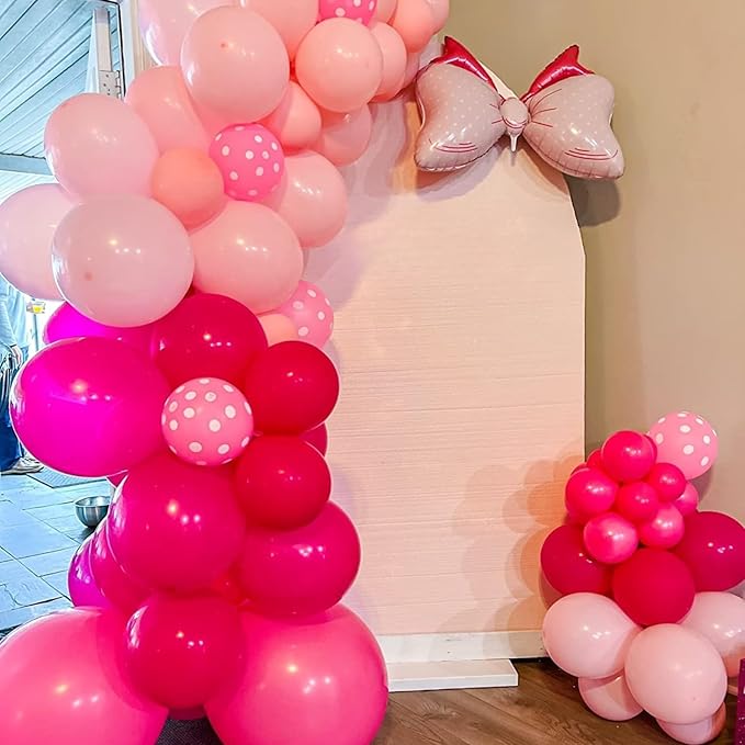Pink Bow Balloons,12 Inch Hot Pink Rose Dots Bow Foil Balloon and Confetti Balloons with Ribbon,for Girls Birthday Baby Shower Decoration Birthday Wedding