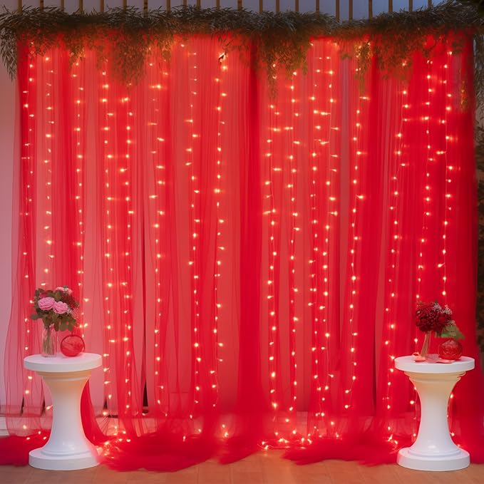 10ft x 10ft Red Backdrop Curtain with Lights String for Parties, Sheer Tulle Wedding Photo Backdrops Drapes for Baby Shower Birthday Party Decorations Background for Photography