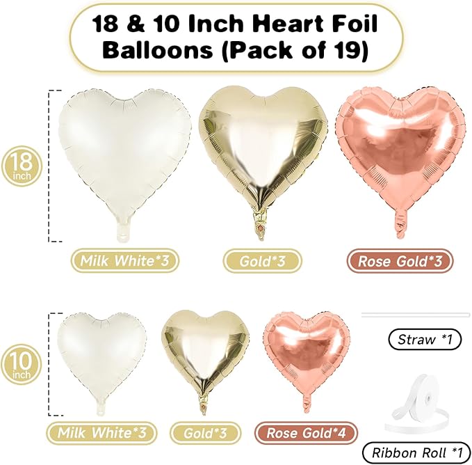Rose Gold White Heart Balloons, 19PCS Champagne Gold Heart Shape Balloon, 18Inch with 10Inch Gold and Cream Helium Foil Love Balloon for Girls Birthday Baby Shower Wedding Mother's Day Decoration