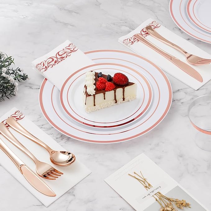 BESTVIP 175PCS Rose Gold Disposable Dinnerware Set for 25 Guests, Plastic Plates for Party, Wedding, Christmas, Halloween, Include: 50 Plastic Plates, 25 Rose Gold Silverware, 25 Cups, 25 Napkins