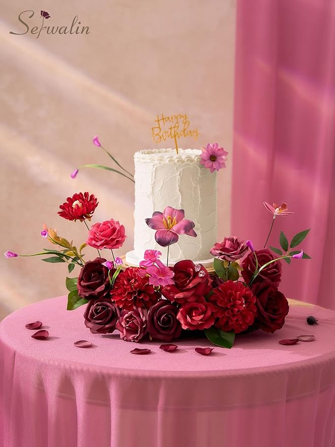 Serwalin Artificial Burgundy & Fuchsia Flowers, Silk Fake Flowers Stems for Wedding Bouquets DIY, Baby Shower Centerpieces, Cake Decor, Birthday Party & Home Decor