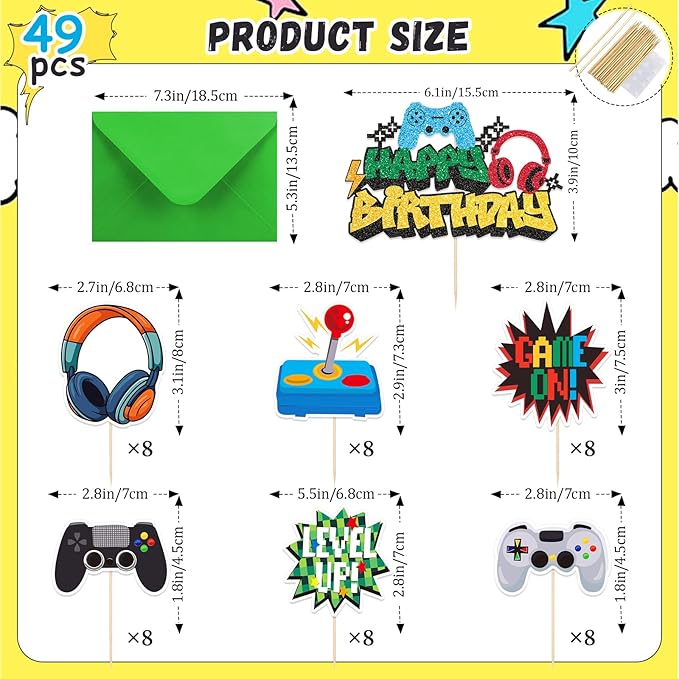 49 PCS Video Game Cupcake Toppers Birthday, Glitter Video Game Theme Cake Topper, Decorations Cake Decor Party Supplies for Games Fans Kids and Men Birthday Sign Decor