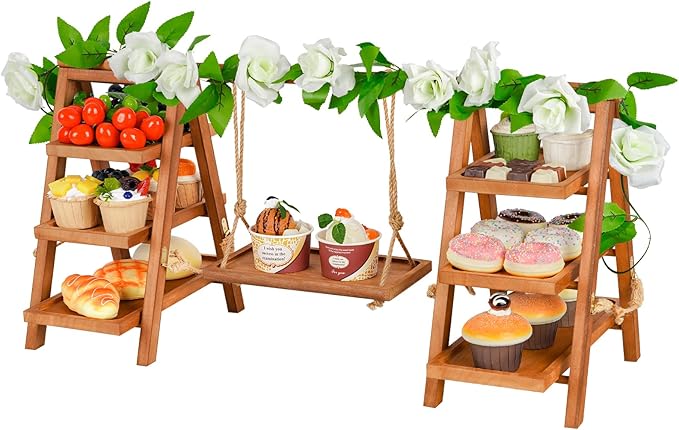 Cupcake Stand, 3 Tier Wood Cupcake Display Stand with Swing, Dessert Table Display Set with Serving Tray for Dessert Display for Party, Wedding, Farmhouse Decor (Brown+Flower)