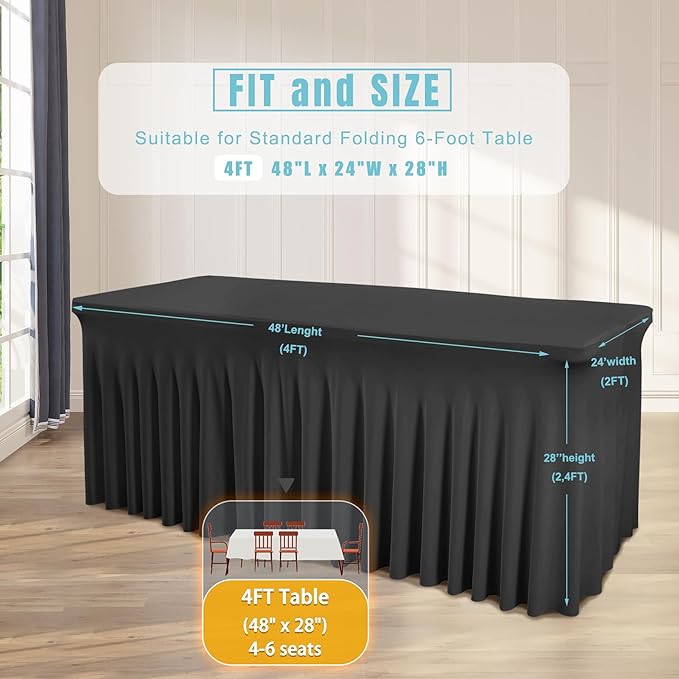 1 Pack Black Table Clothes for 4 Foot Rectangle Tables, One-Piece Wrinkle Resistant Stretch Spandex Table Covers with Skirt for Event Banquet Wedding Birthday Party