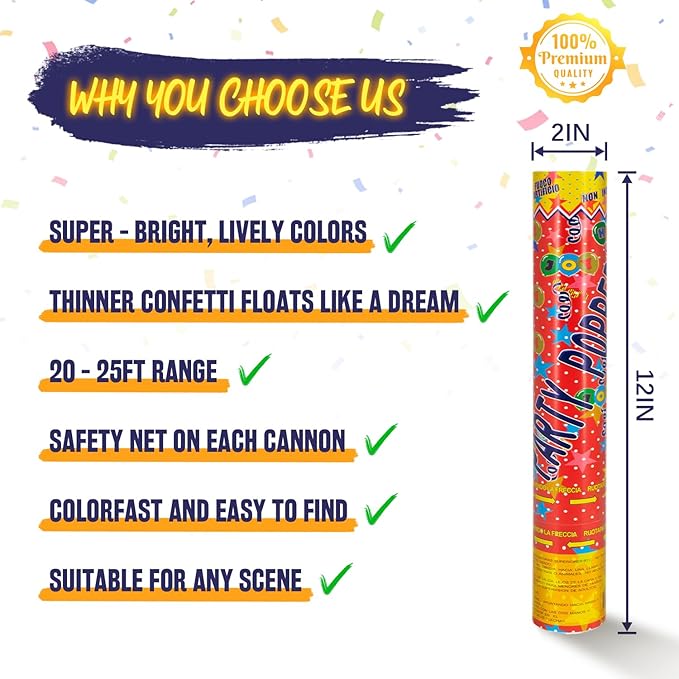 Confetti Cannon Multicolor Confetti Poppers 6 Pack Biodegradable Party Poppers 12 Inch Confetti Shooter Sticks for Wedding Graduation Birthday Engagement Anniversary Christmas New Year Celebration
