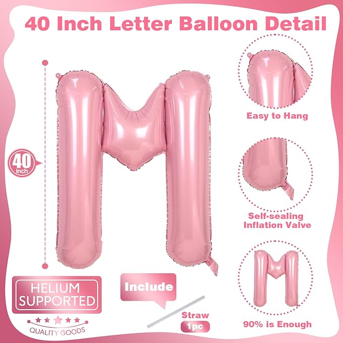 40 Inch Pastel Pink Letter Balloon, Giant Alphabet M Foil Balloons Baby Pink, Self Inflating Balloon Pearl Pink Letters M, Mylar Letter Customize Balloons for Girl Birthday Party Decorations Supplies
