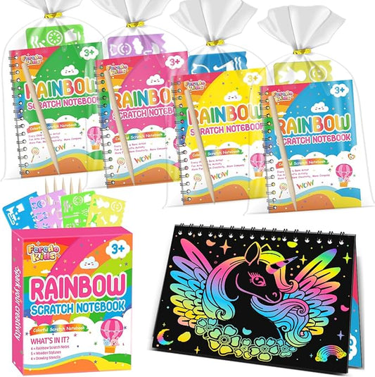 Party Favors for Kids: 4 Pack Rainbow Scratch Art Notebook Students Classroom Gifts Bulk for Girls Boys Goodie Bags Stuffers, Return Gifts for Birthday Party Favors Bulk Kids Crafts