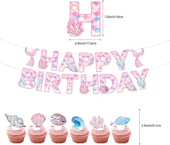 175PCS Mermaid Party Decorations, Mermaid Theme Party Supplies Plates and Napkins Set, Tableware,Banner, Hanging Swirls, Tablecloth, Balloon,Cake Cupcake Topper,Honeycomb Centerpiece Baby Shower