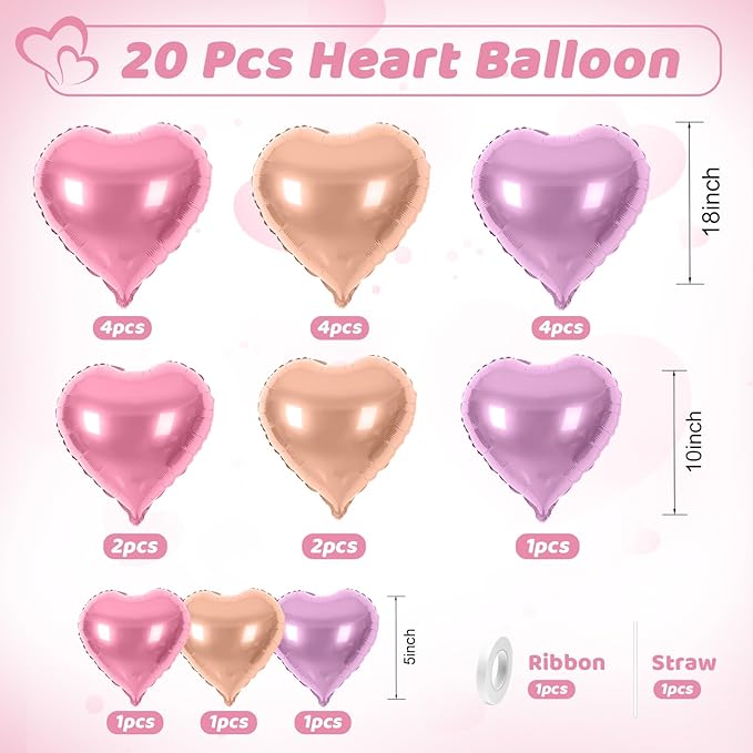 Rose Gold Pink Purple Heart Balloons, Heart Shaped Ballons, 20 Pcs 5/10/18 inch Pink Foil Love Balloons for Valentine's Day Wedding Engagement Bridal Showers Anniversary Celebrations