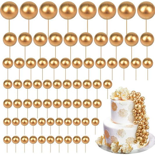 108 Pcs Balls Cake Topper DIY Cupcake Insert Foam Balloons for Cake Baking Wedding Anniversary Birthday Decoration(Gold,Multi Sizes)
