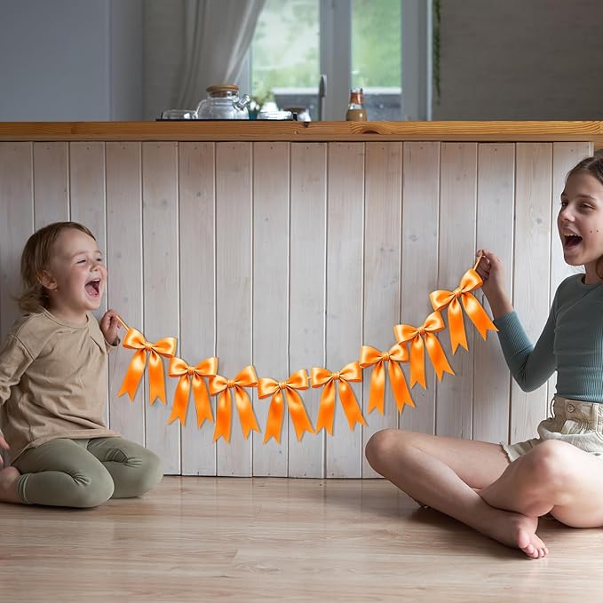 1 String of 8PCS Golden Yellow Bow Garland Banner Decoration,Pre-Strung Satin Ribbon Ornaments for Birthday,Christmas,The Fall Festival,Thanksgiving,Halloween,Anniversary,Wedding,Baby Shower