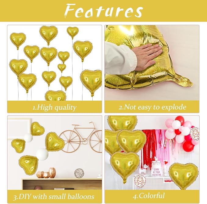 Biapian Glitter Gold Heart Balloons - 10PCS Foil, 18inch Valentines Love Balloons for Valentines Day, Wedding, Graduation, Birthday, Baby Shower Party Decorations