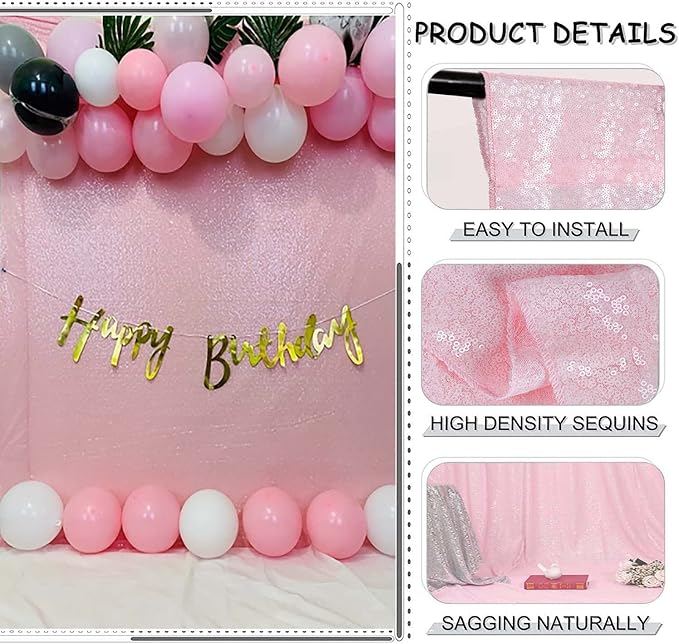 Pink Sequin Backdrop 10FTx10FT 1 Panel Sequin Wall Backdrop Curtain Glitter Background Drapes for Photography Weddings Showers Parties Birthday Easter Valentine's Day