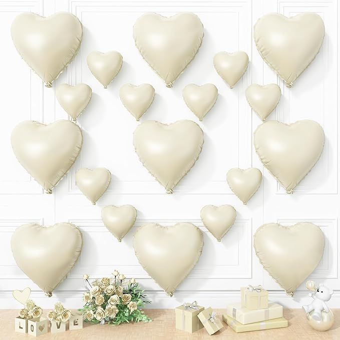 Cream Heart Balloons, 19PCS Cream White Heart Shape Balloons, 18Inch with 10Inch Nude Neutral Helium Foil Balloon Love Balloon for Birthday White Wedding Valentines Anniversary Decorations