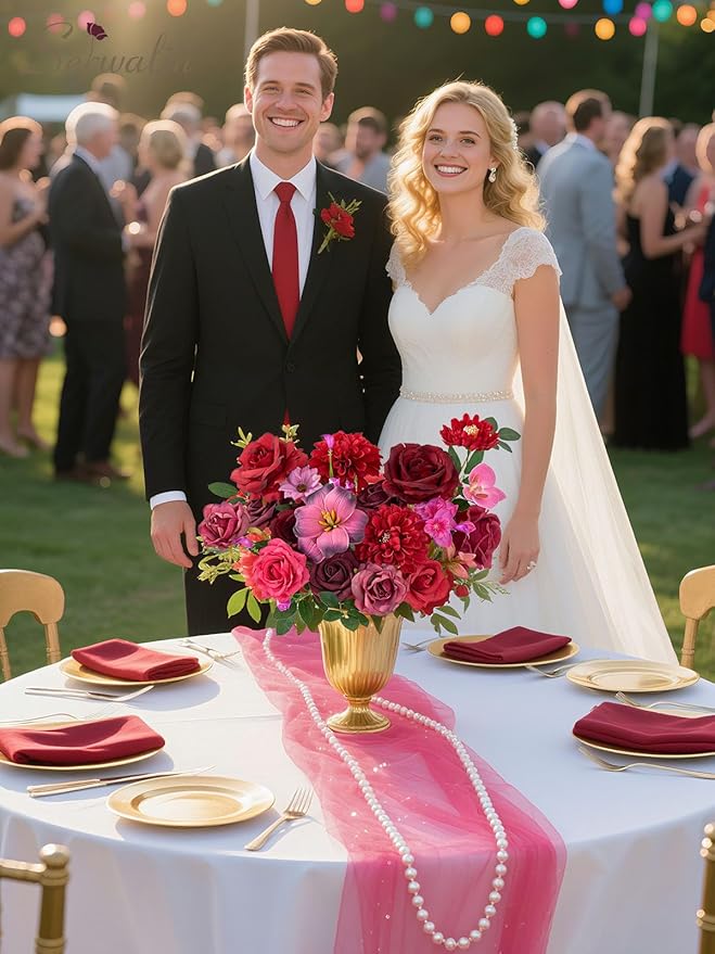 Serwalin Artificial Burgundy & Fuchsia Flowers, Silk Fake Flowers Stems for Wedding Bouquets DIY, Baby Shower Centerpieces, Cake Decor, Birthday Party & Home Decor