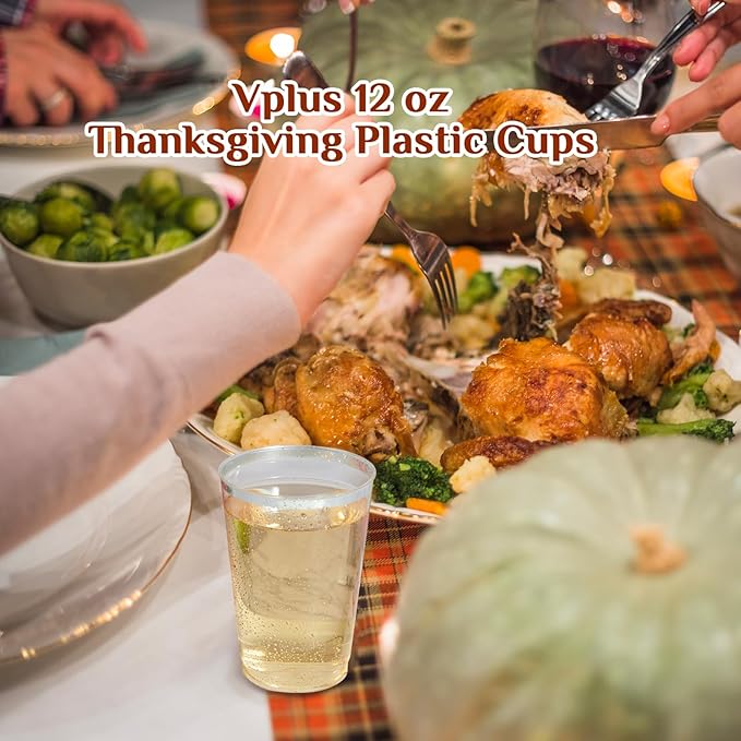 Vplus 150 Pack 12 OZ Reusable Silver Rimmed Clear Plastic Cups, Disposable Heavy Duty Plastic Cups for Party, Christmas, Wedding, Thanksgiving, Halloween