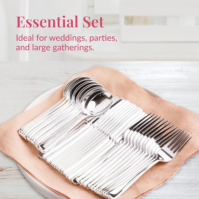 Prestee 300 Piece Heavy Duty Plastic Silverware Set - 100 of Each Silver Plasticware Forks, Spoons, Knives - Flatware Cutlery for Weddings - Durable Disposable Plastic Utensils for Catering, Buffets