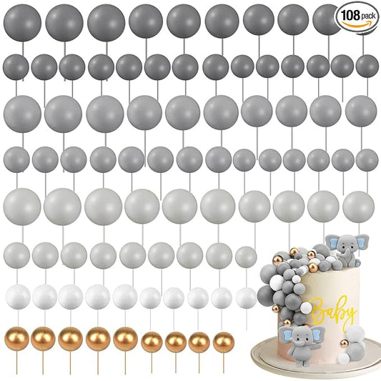 108 Pcs Balls Cake Topper DIY Cupcake Insert Foam Balloons for Cake Baking Wedding Anniversary Birthday Decoration(Dark Gray, Gray, Light Gray,Multi Sizes)