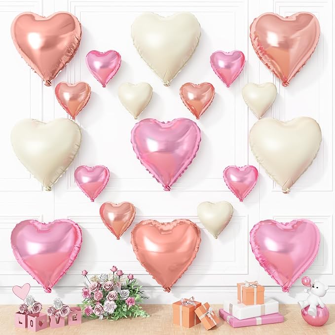 Pink White Heart Balloons, 19PCS Rose Gold and White Heart Shape Balloon, 18Inch with 10Inch Pearl Pink White Helium Foil Love Balloon for Girls Birthday Bridal Shower Wedding Valentine Decorations